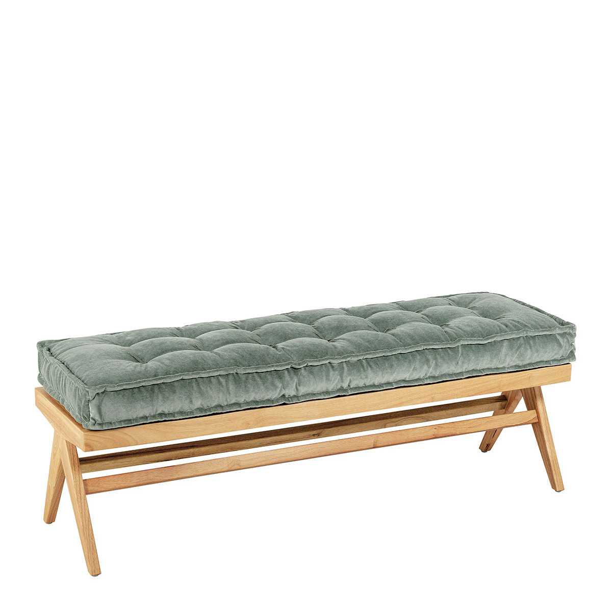 Banc MENA velours hévéa finition bois blond vert, BLANC D’IVOIRE
