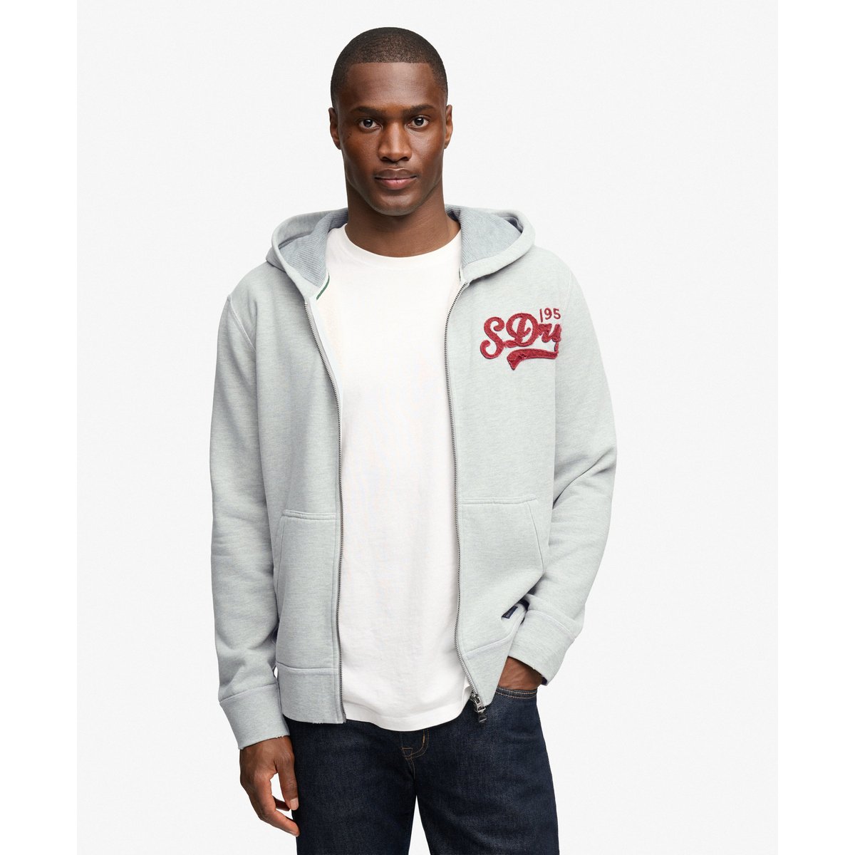 Sweat zippé à capuche Heritage Applique Coupe Décontractée gris chiné clair, SUPERDRY