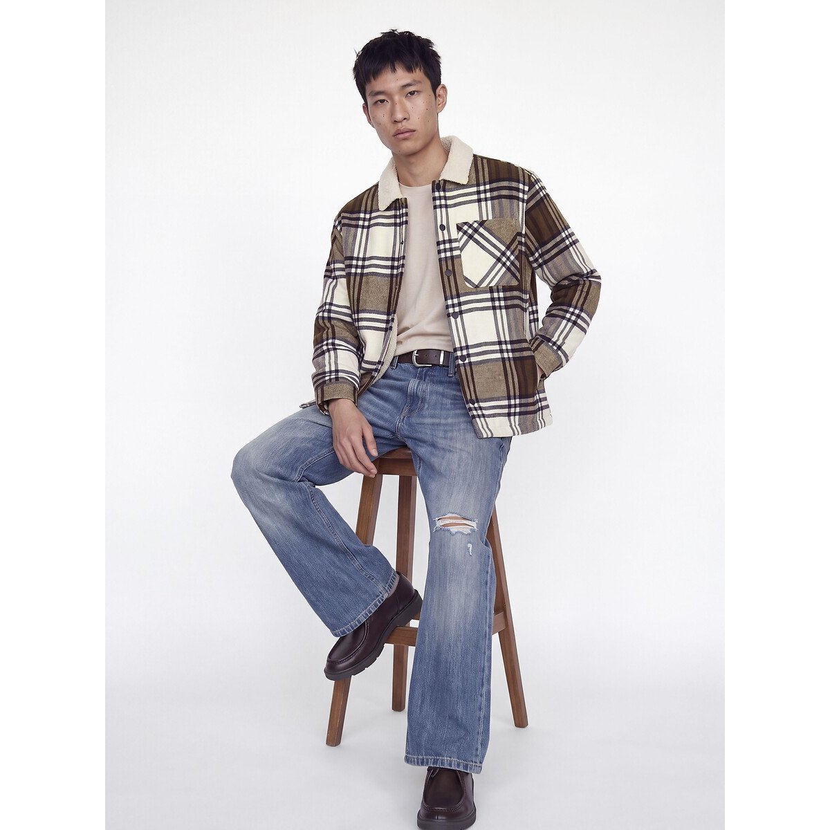 Casaco modelo camisa com forro de sherpa quadrados castanho, JACK & JONES