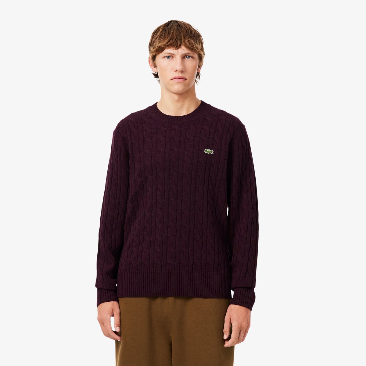 Pull torsadé en laine col rond marron-3ke, LACOSTE