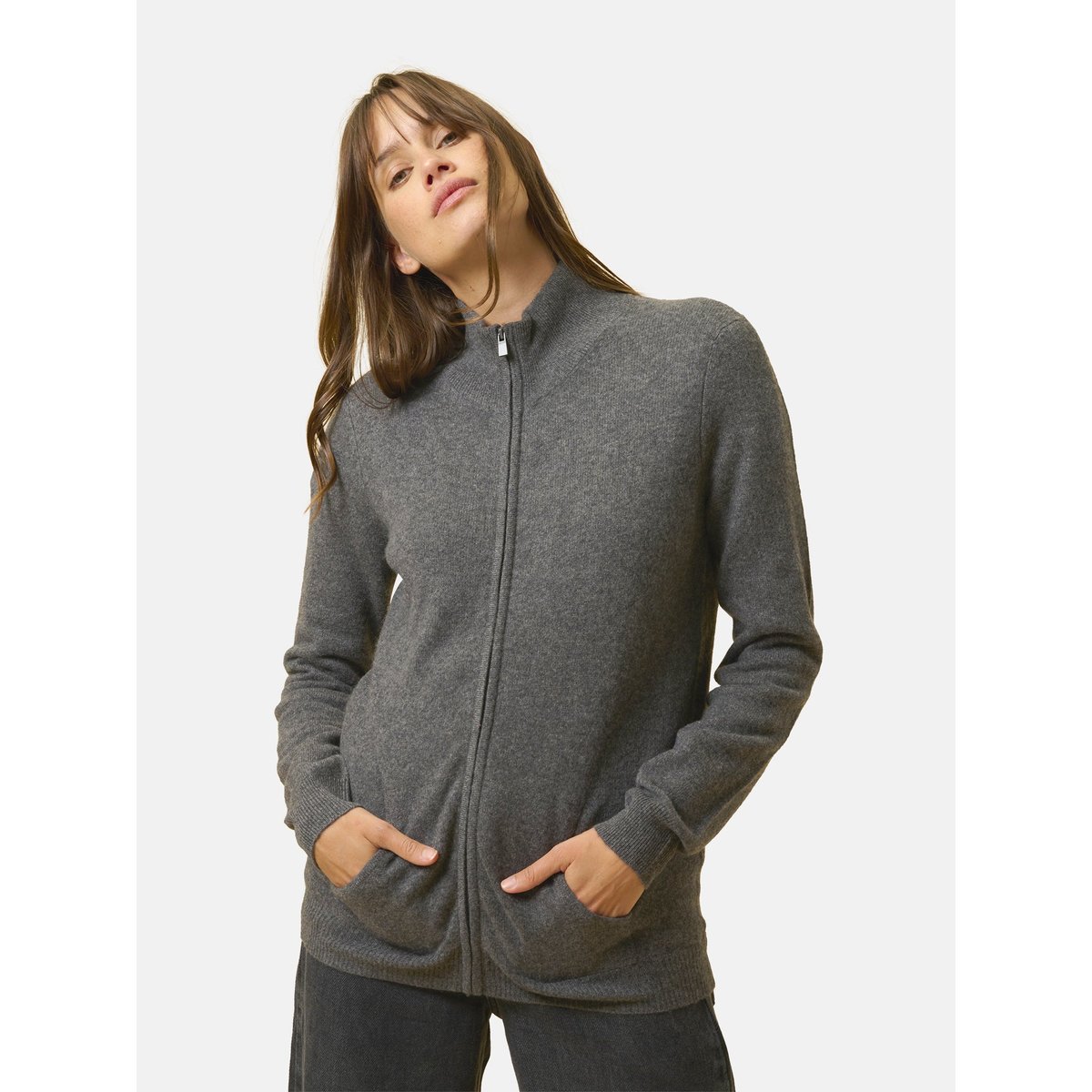Gilet Zippé Col Montant Anthracite Chiné Ayr gris anthracite chiné, JUST CASHMERE