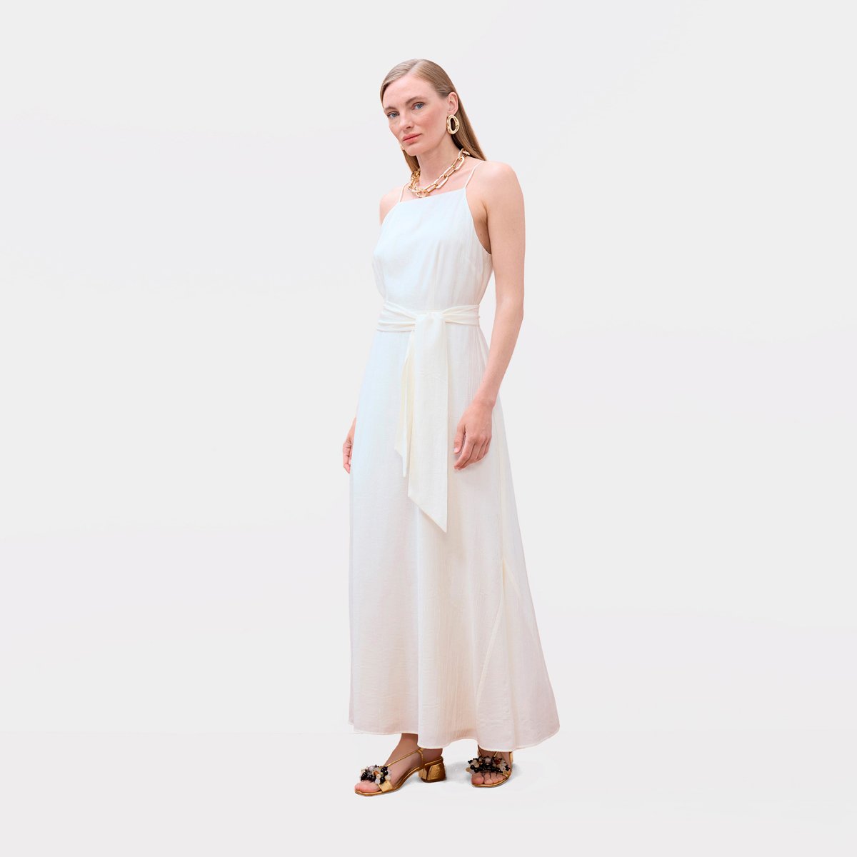 Robe longue fluide à fines bretelles et ceinture à nouer blanc, LOLA CASADEMUNT