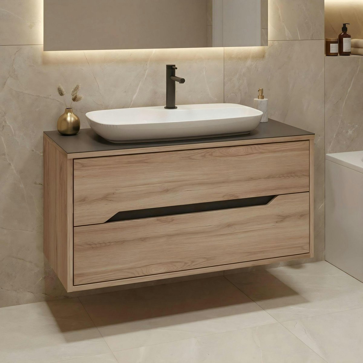 Meuble vasque suspendu 2 tiroirs 100 cm NEÏS bois clair, PIER IMPORT
