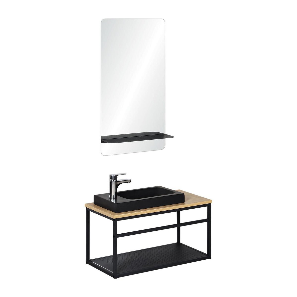 Ensemble lave-mains grande largeur avec robinet et miroir 60cm WILO vasque noire, robinet noir et miroir, MOB IN