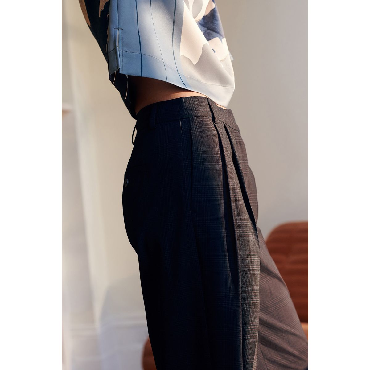 Pantalon droit à double pli et carreaux marron chocolat, NEXT