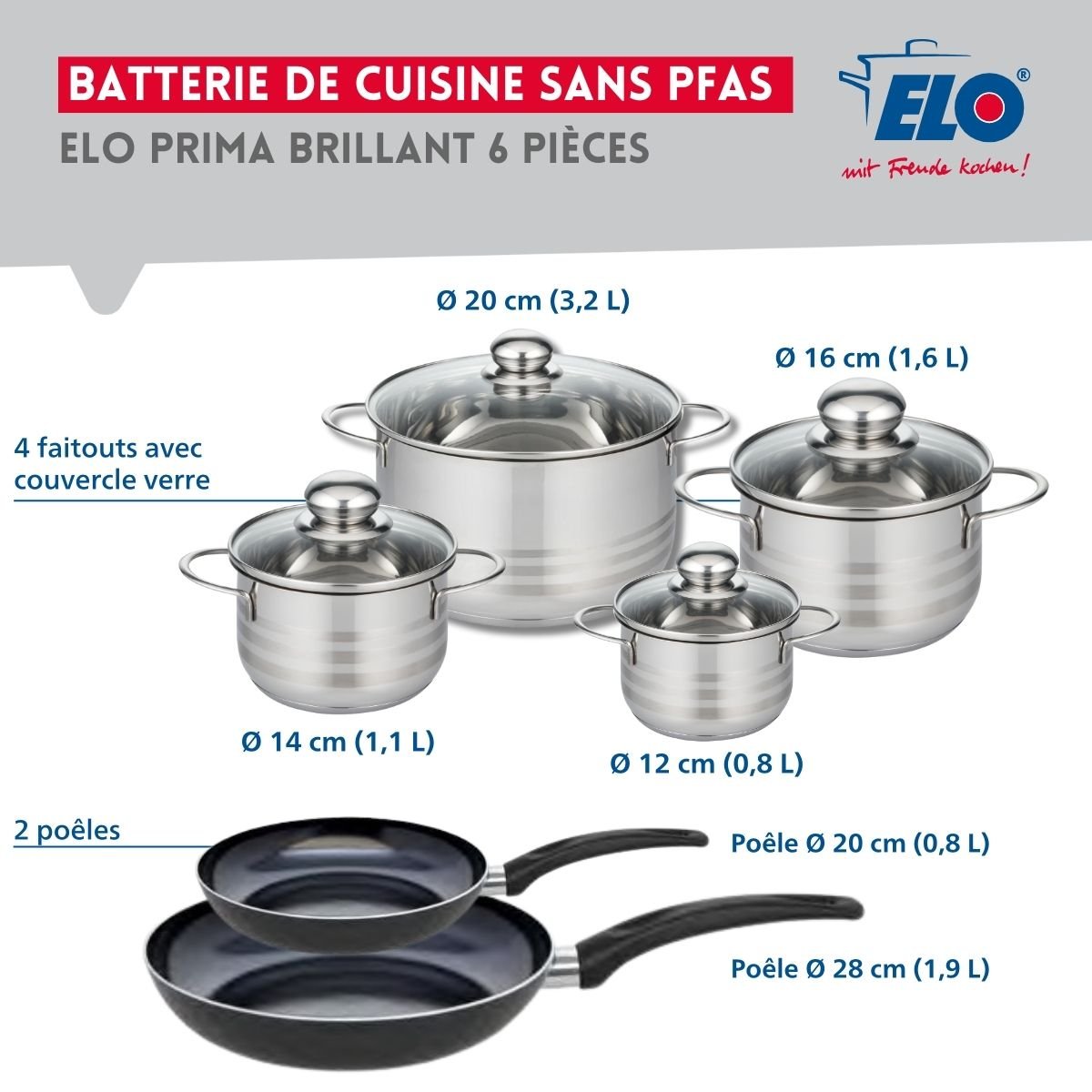 2 poêles 20/28cm + 4 faitouts 12/14/16/20cm PRIMA BRILLANT noir, ELO