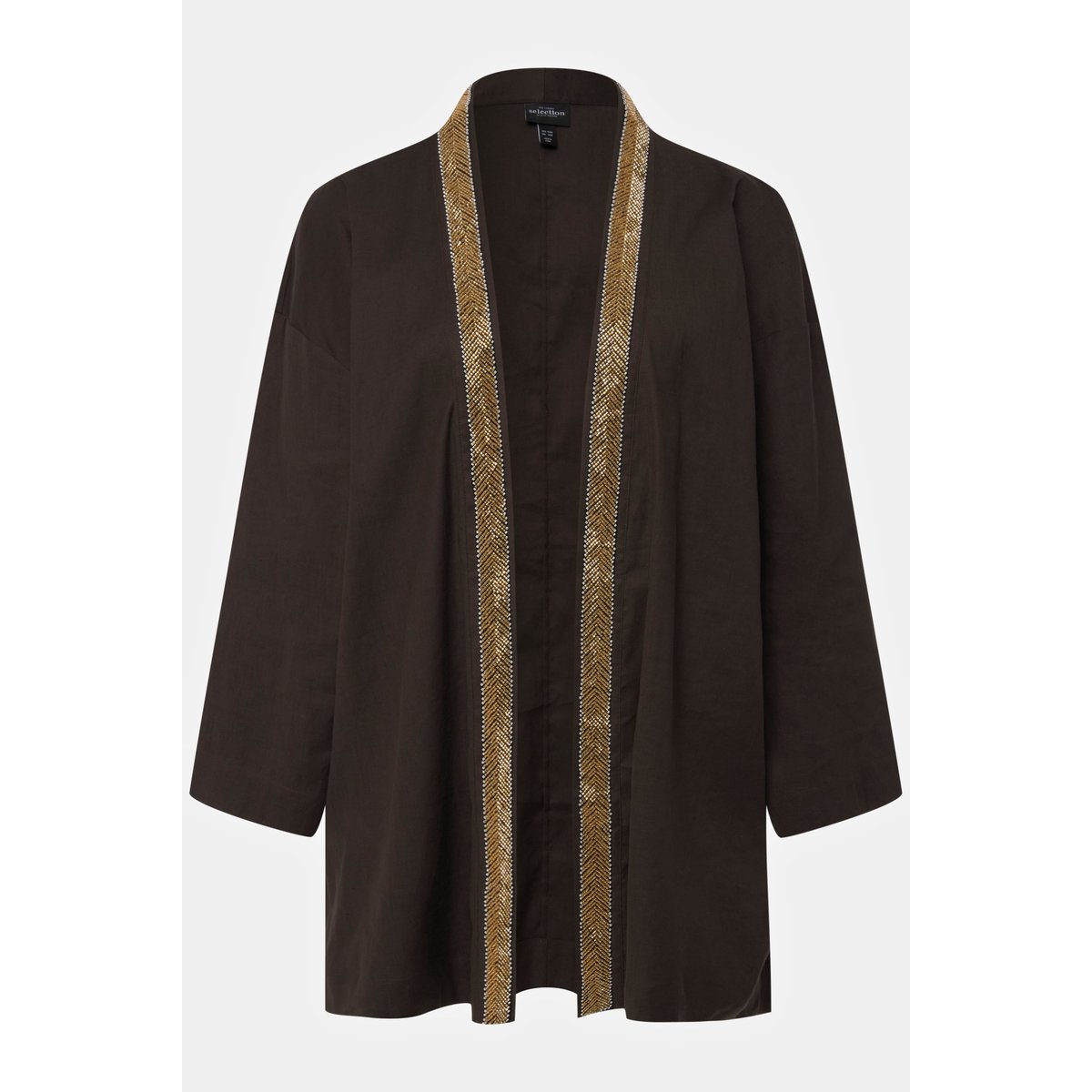 Veste kimono. Col châle. Lin mélangé. Galon marron pin, ULLA POPKEN