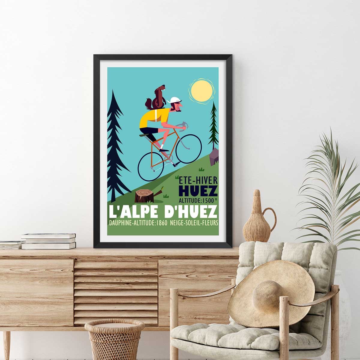 Poster de la montée de l'alpe d'huez affiche + cadre en bois - noir, HEXOA