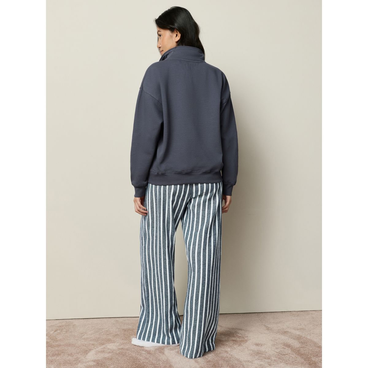 Pyjama en flanelle et sweat semi-zippé bleu marine rayé, NEXT