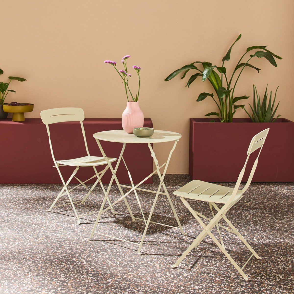 Table de jardin bistrot pliante ronde acier + 2 assises BALCONEA rose, SWEEEK