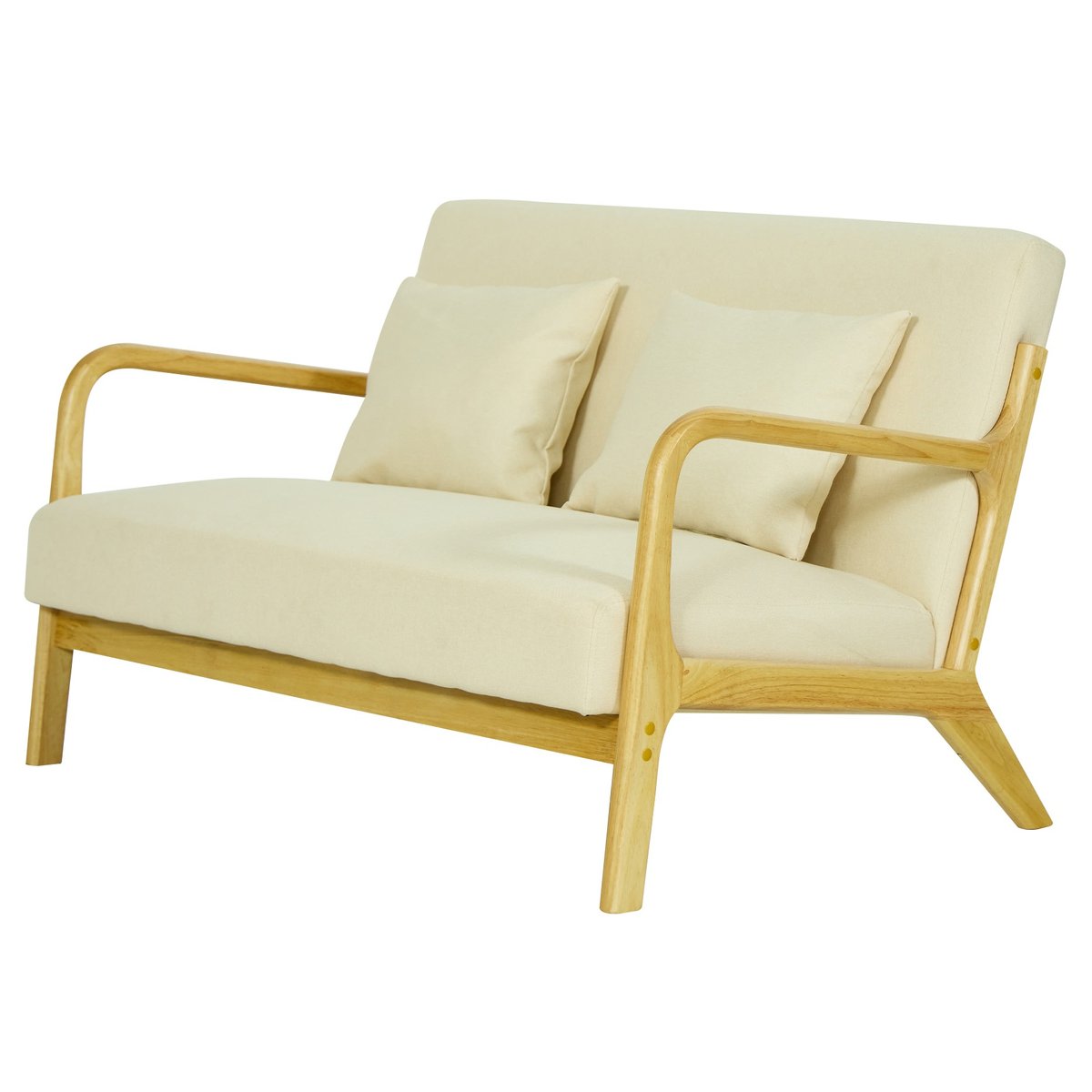 Banquette 2 places, bois massif et tissu beige, NORDLYS