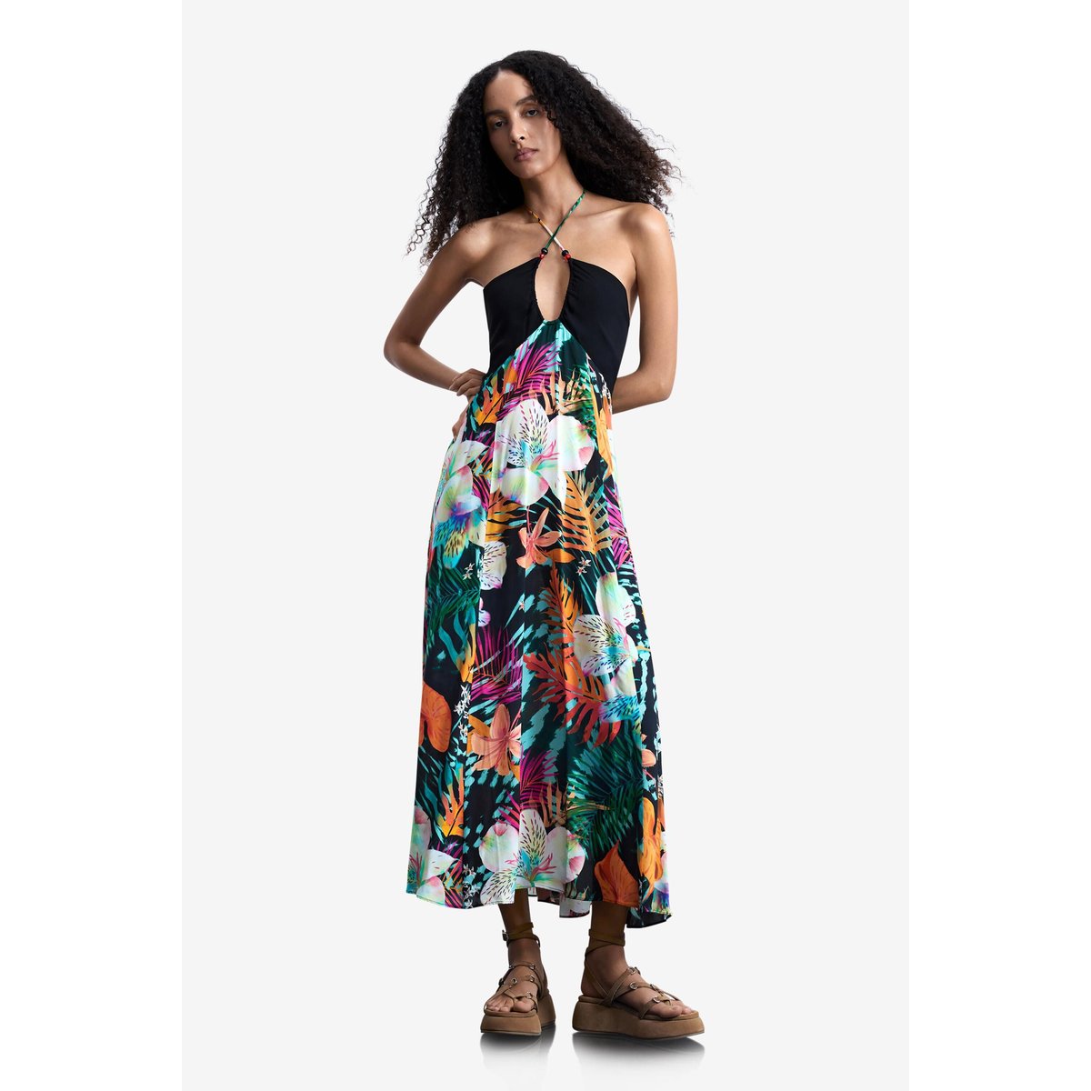Robe longue tropicale noir, DESIGUAL