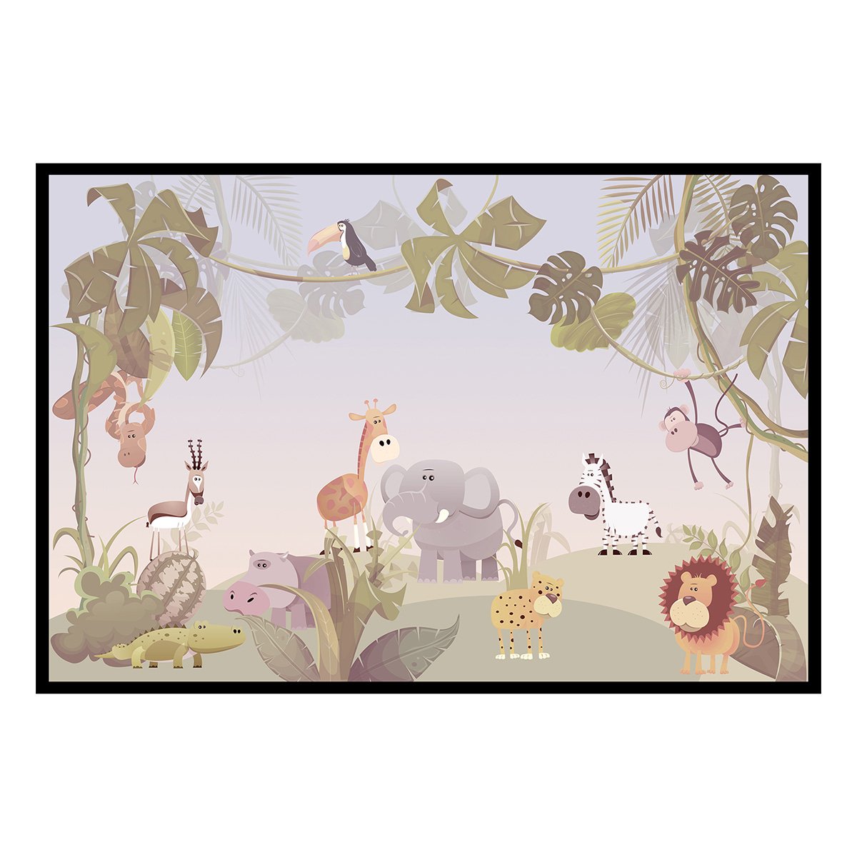 Affiche encadrée jungle animaux enfants affiche + cadre en métal - noir, HEXOA
