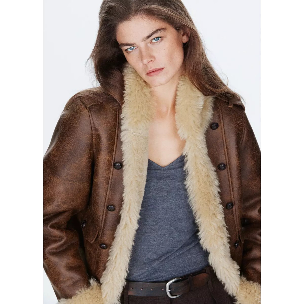 Veste en cuir synthétique avec finitions effet mouton marron, MANGO