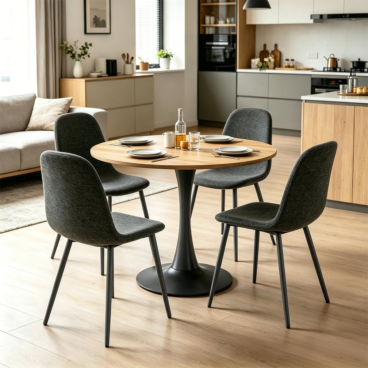 Ensemble de table à manger ronde avec 4 chaises, CLIFTOCHARLTON gris foncé, MEUBLES COSY