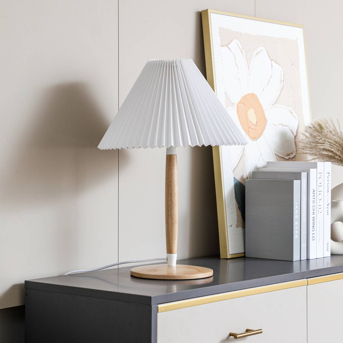 Lampe à poser en bois scandinave, Ellorin blanc, bois clair, LUCANDE