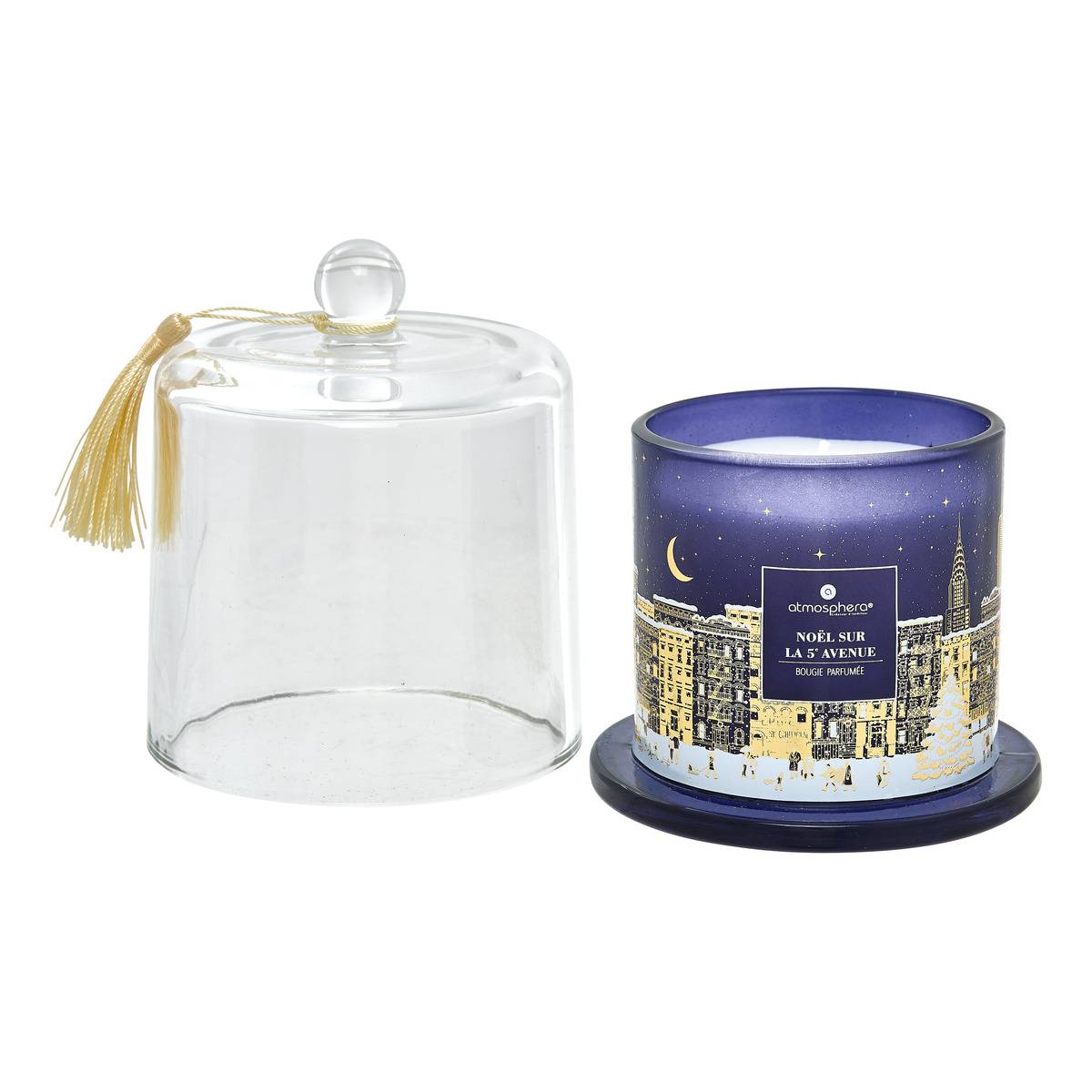 Bougie parfumée New York sous cloche bleu, ATMOSPHERA