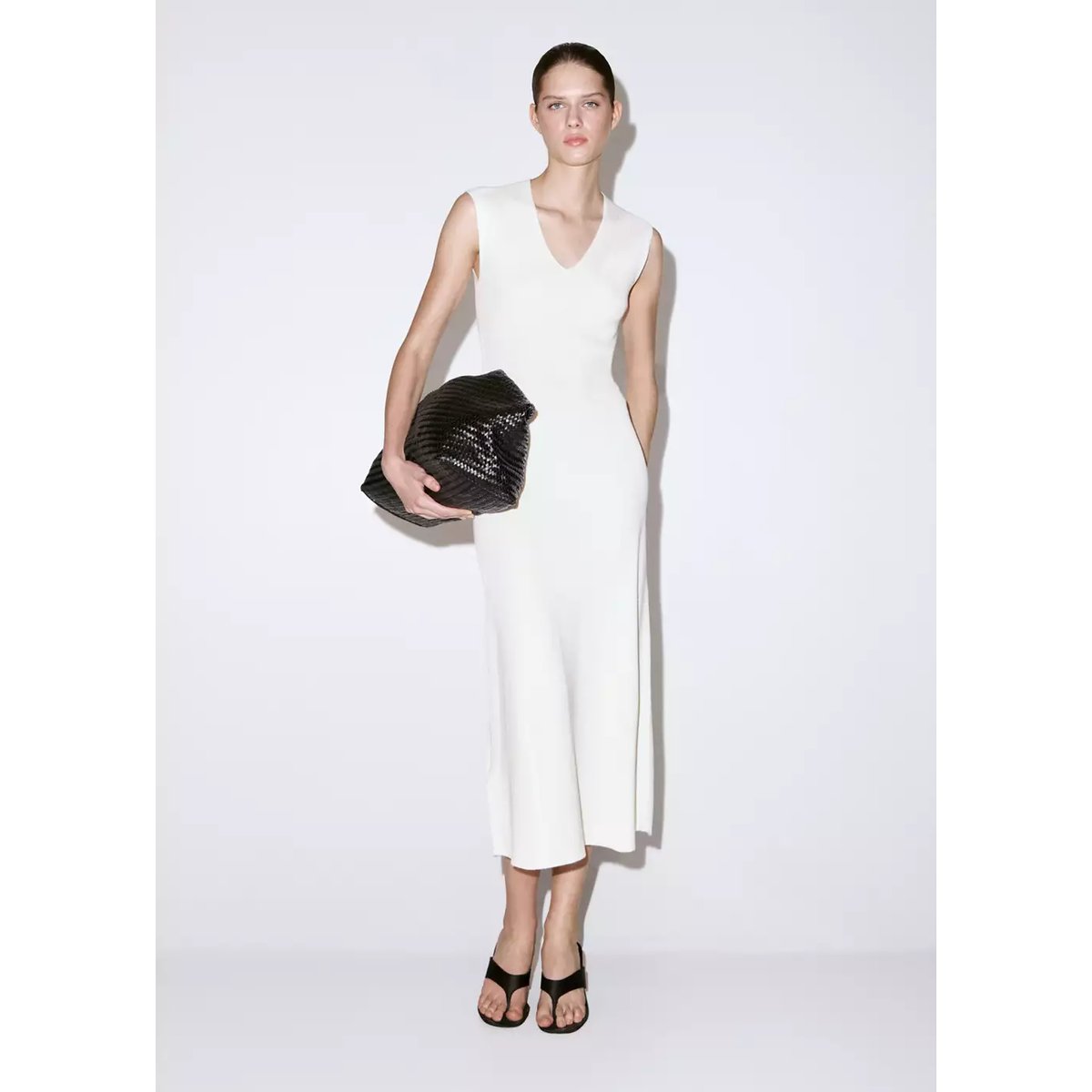 Robe en maille col V blanc, MANGO