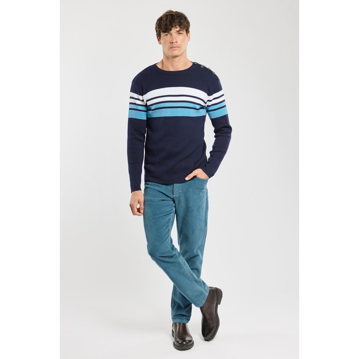 Pull marin Deauville - coton marine deep/waterfall/blan, ARMOR-LUX