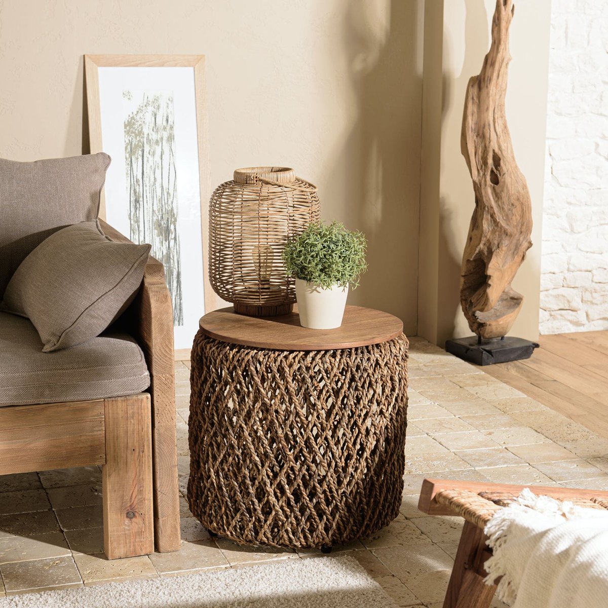 Table d'appoint ronde 49 cm fibre de coco et bois recyclé SWING bois naturel, PIER IMPORT