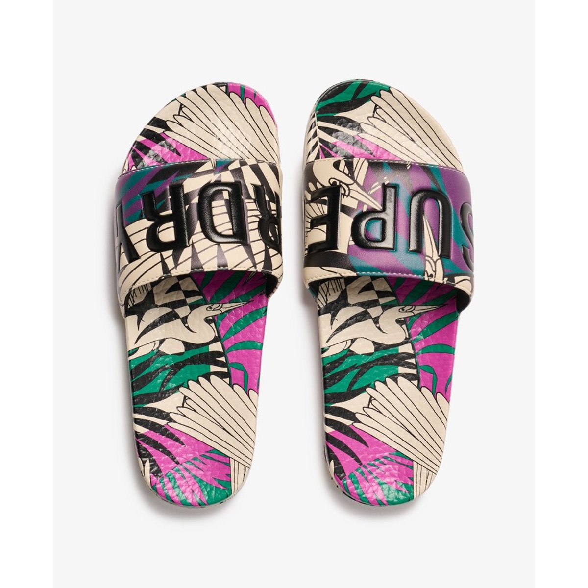Claquettes de Piscine à Imprimé Intégral crème oiseaux optiques, SUPERDRY