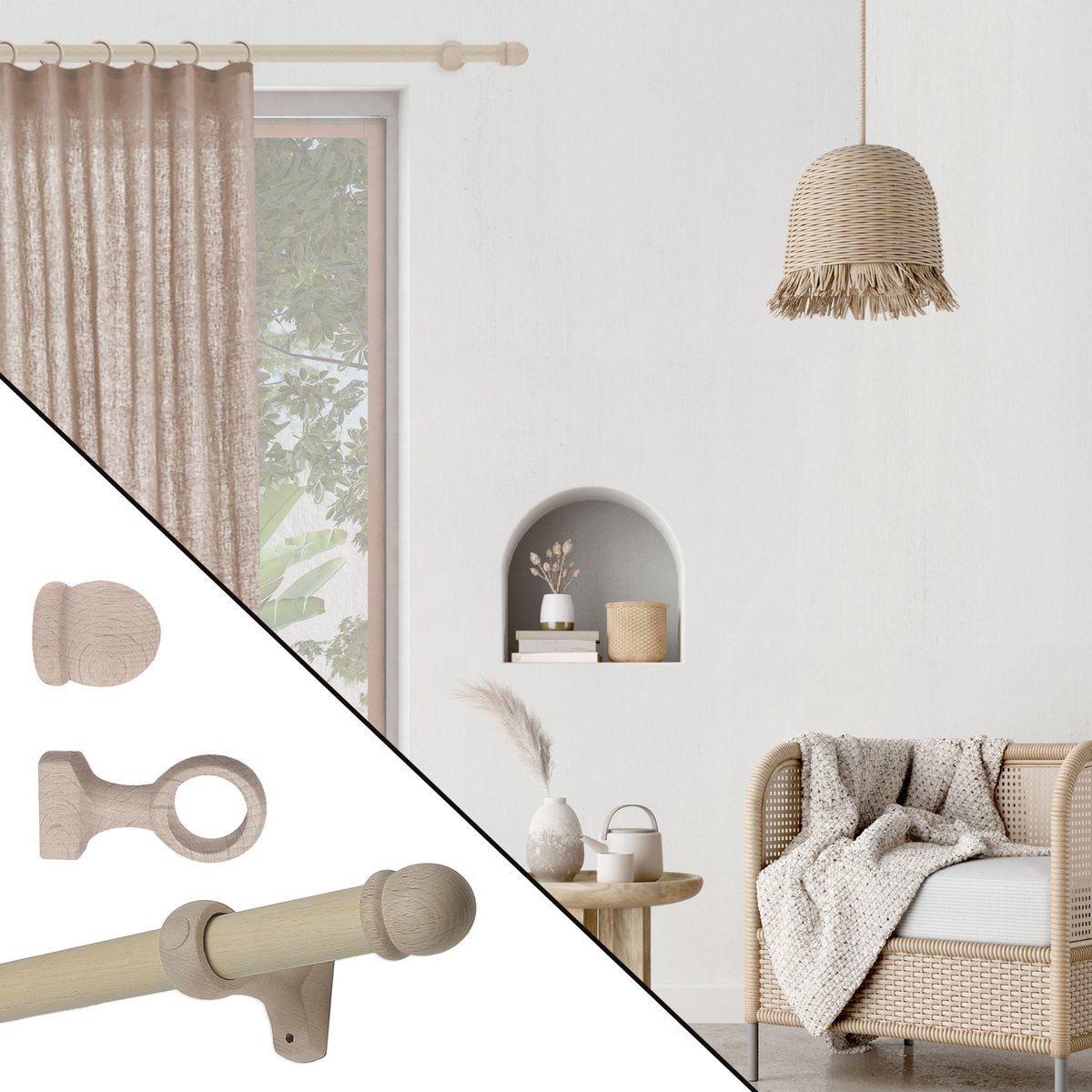 Kit tringle à rideaux en bois avec embouts ronds D28 mm naturel, MOBOIS