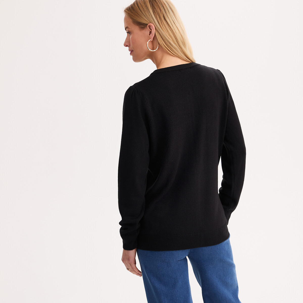 Cardigan col rond, en maille toucher très doux noir, ANNE WEYBURN