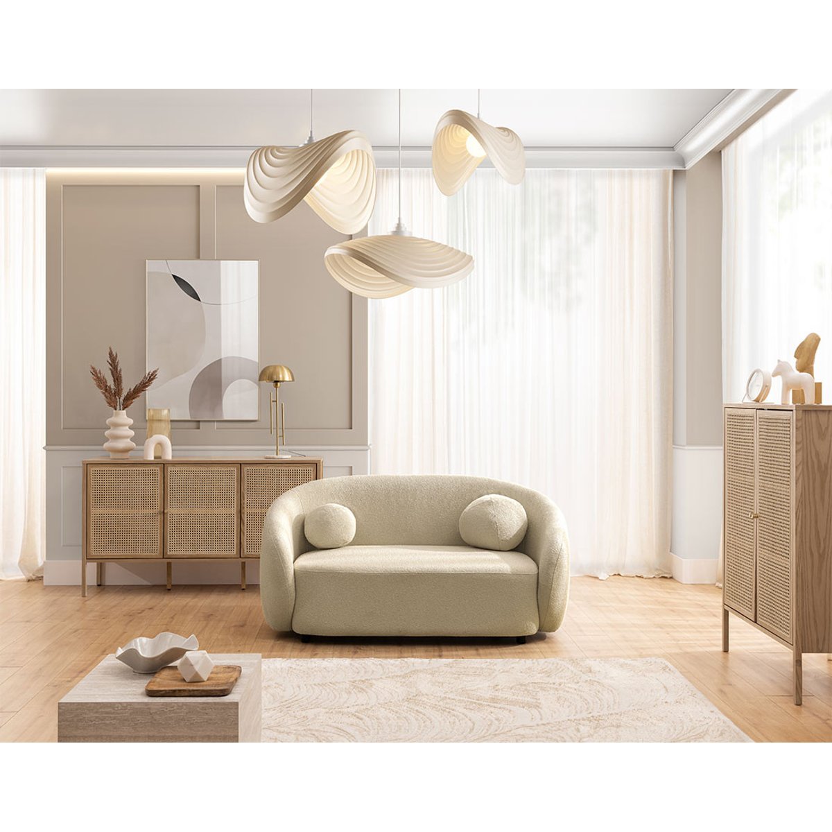 Flore - Canapé droit 2 places en tissu bouclette taupe, LISA DESIGN