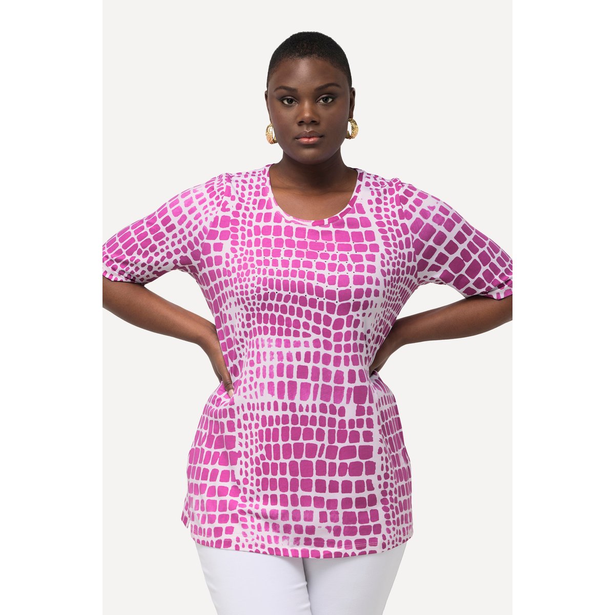 T-shirt en coton Pima à col rond et manches magenta, ULLA POPKEN