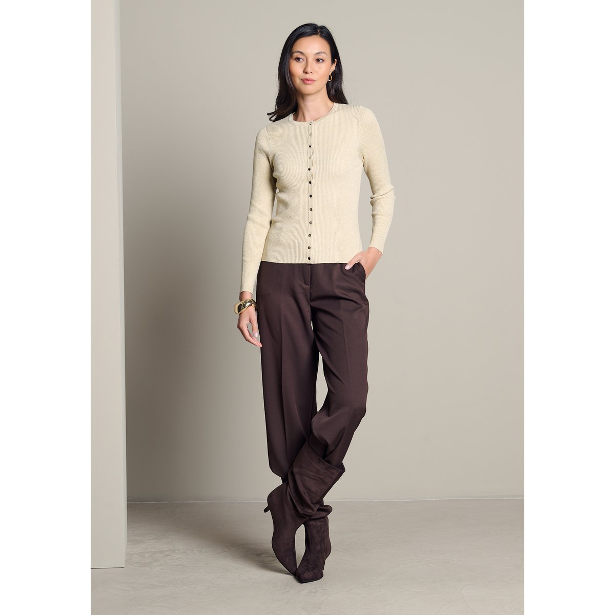 Cardigan côtelé scintillant champagne sand, LOLALIZA