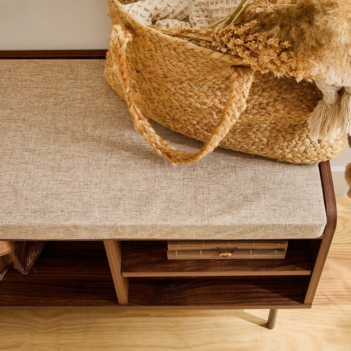 Banc d'entrée décor noyer 1 porte avec façade en tissu  JETSON bois foncé, CALICOSY
