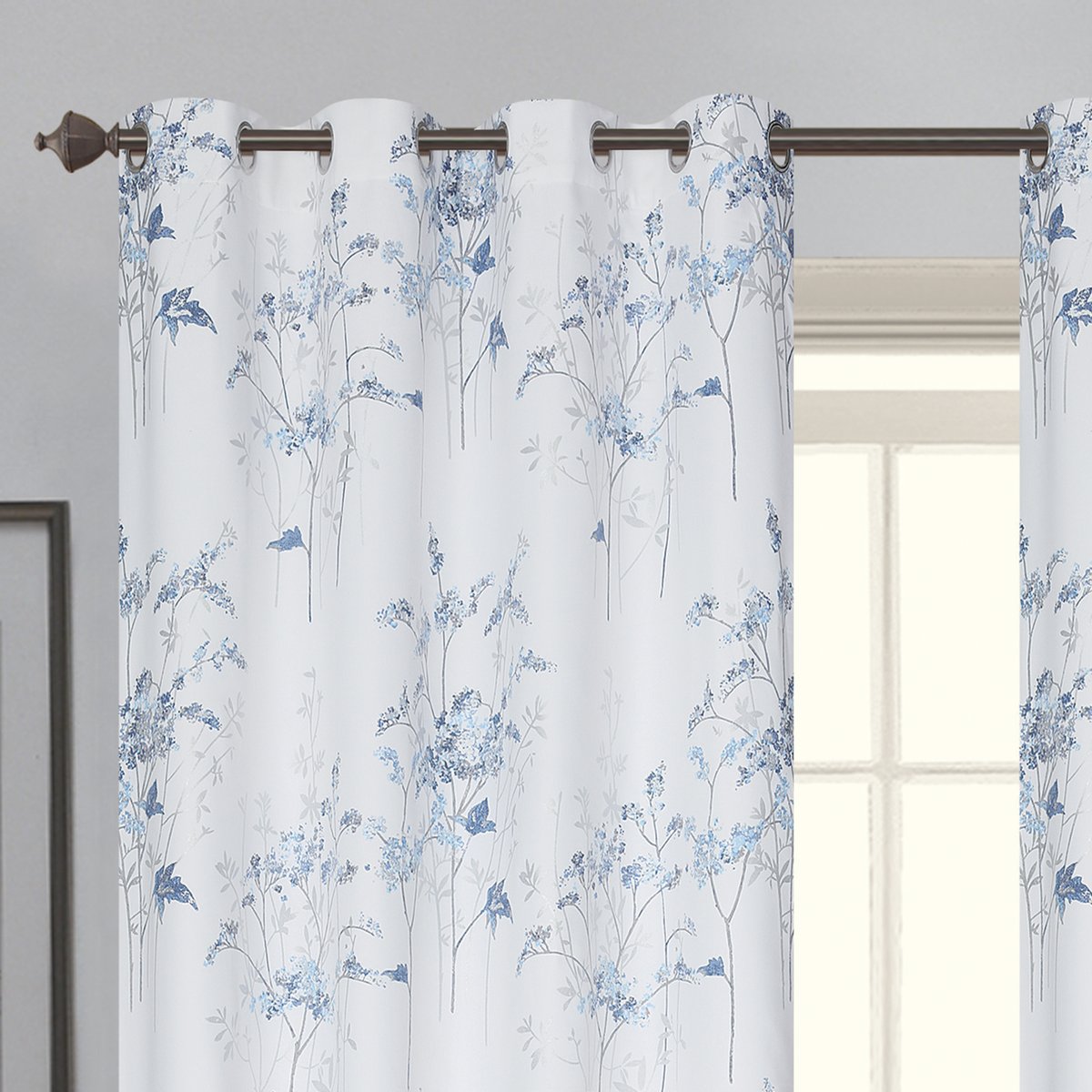 Paire de de rideaux occultants à œillets motif végétal bleu, HOME MAISON