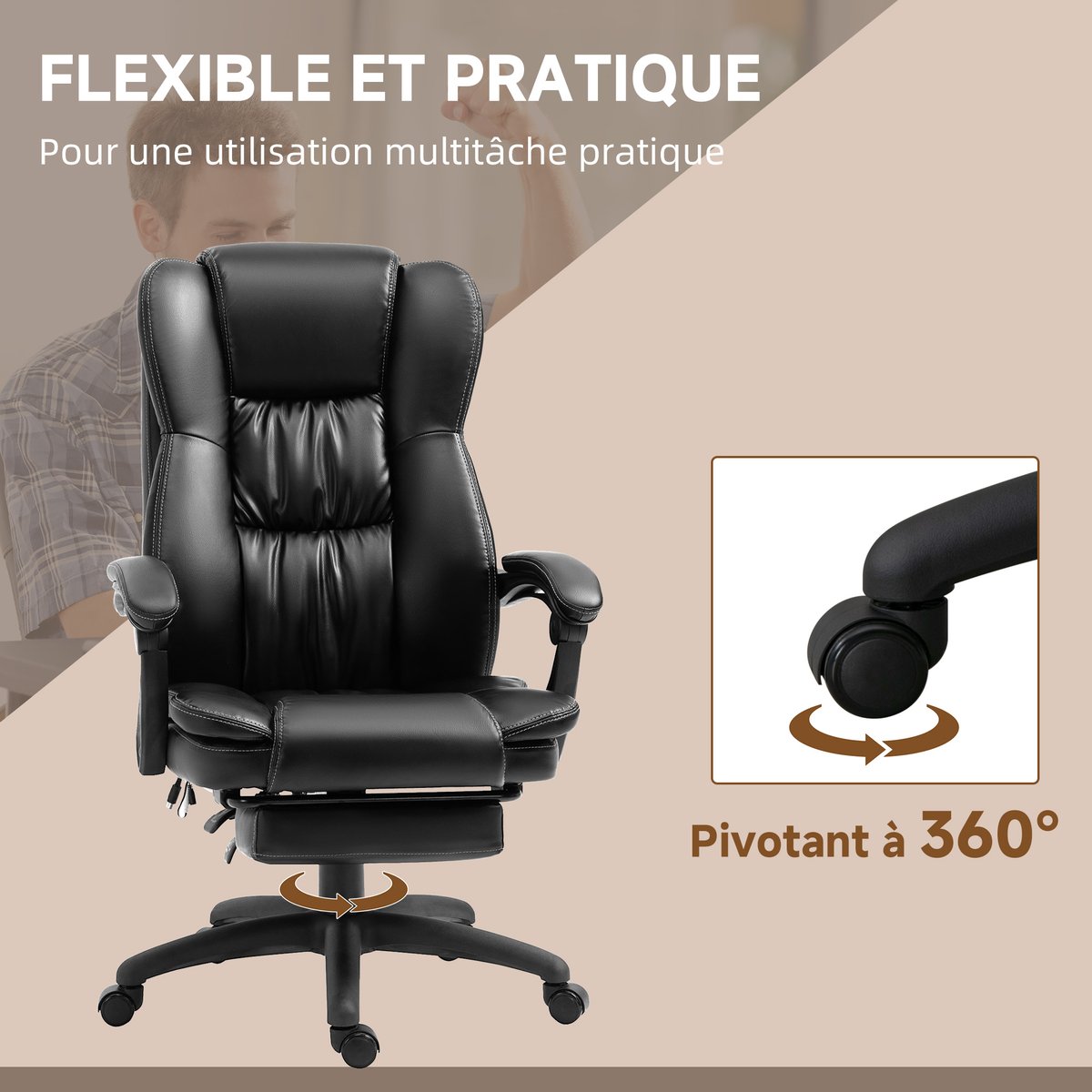 Fauteuil de bureau avec fonction massage noir, HOMCOM
