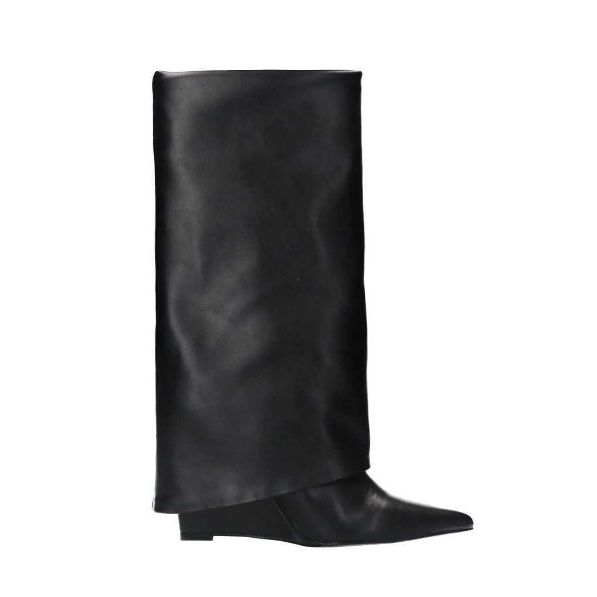 Bottes hautes à talon compensée en cuir à rabat noir, SACHA