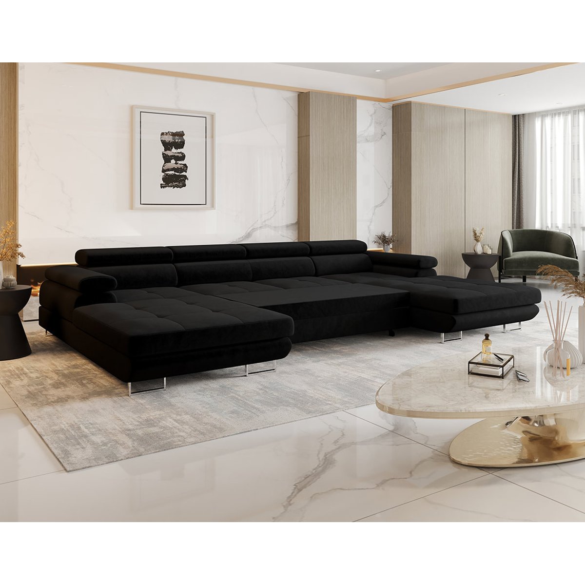 Canapé Panoramique Convertible 7 places - AYDEN noir, BEST MOBILIER