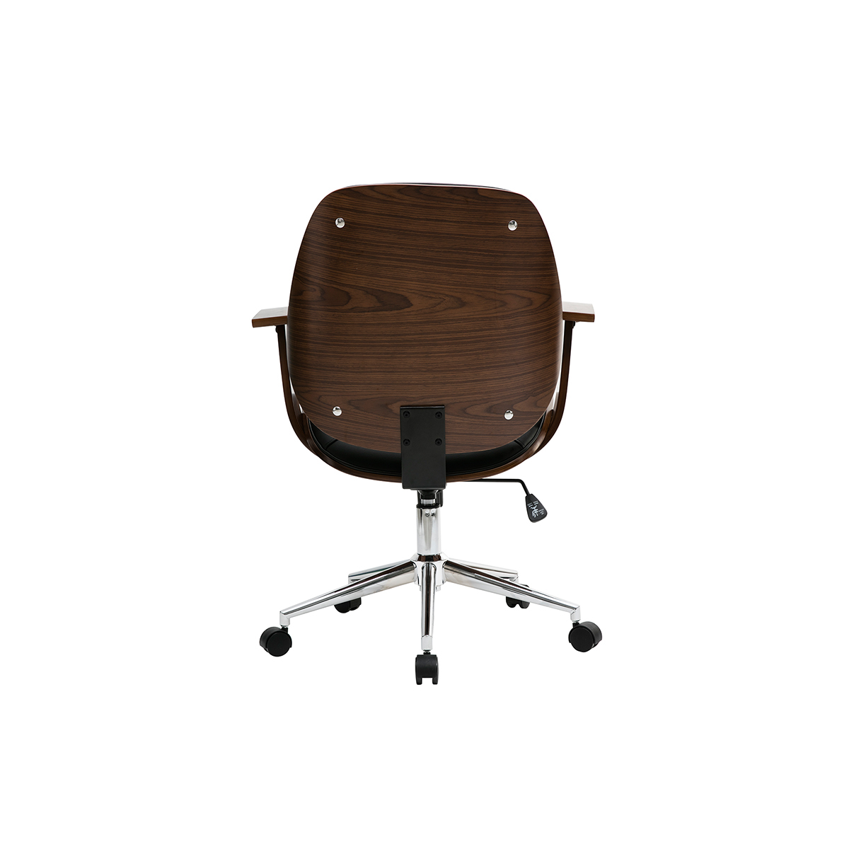 Chaise de bureau à roulettes design en tissu effet velours texturé beige, bois foncé et acier chromé YORKE noyer / noir, MILIBOO