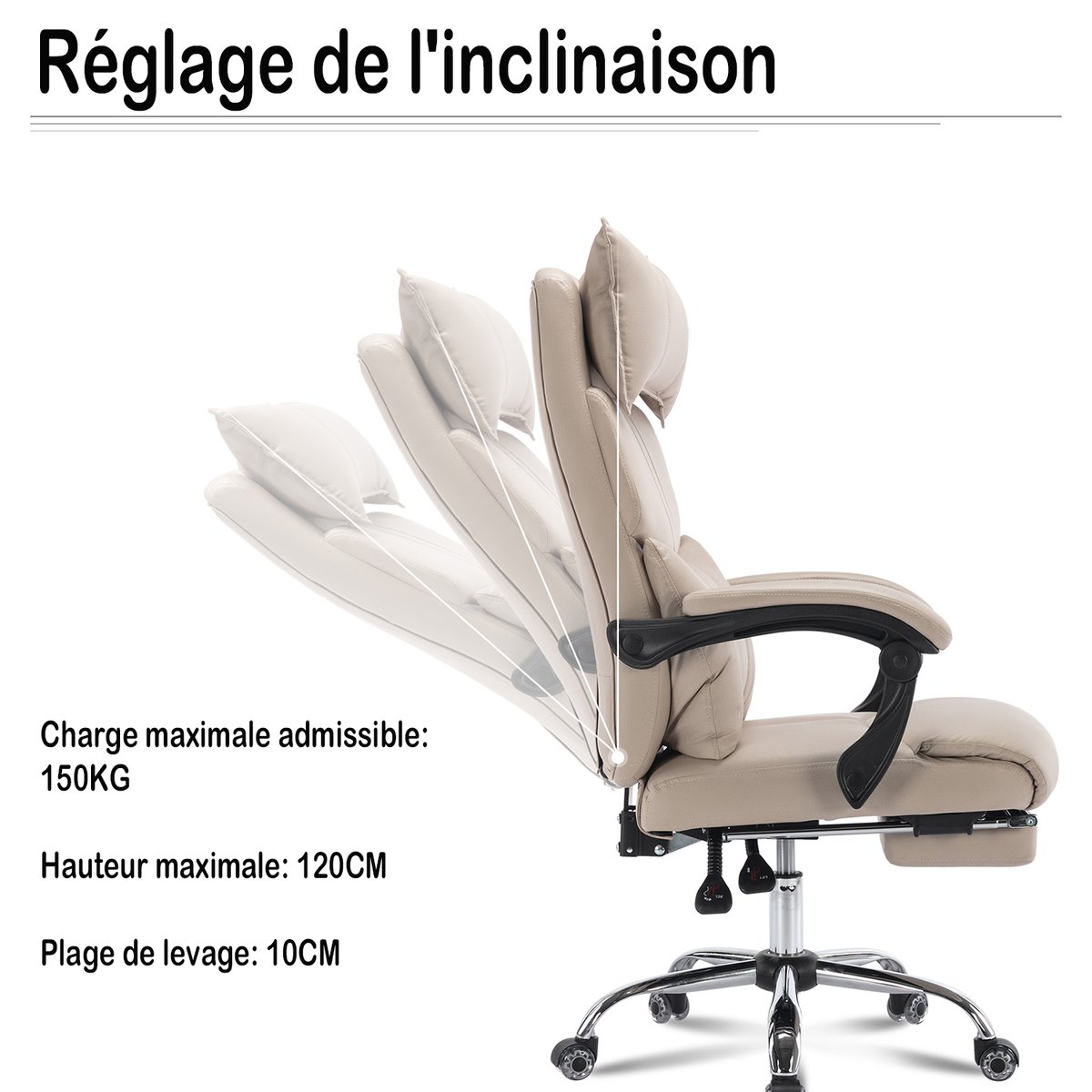 Fauteuil de bureau ergonomique pivotant avec double soutien lombaire et hauteur réglable, ABBOOTE kaki, MEUBLES COSY