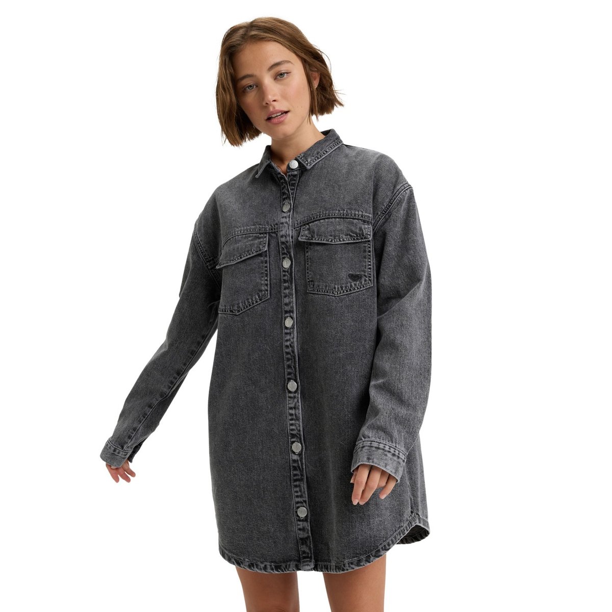 Mini robe chemise à manches longues en jean TIDAL MOON. gris mid grey, ROXY