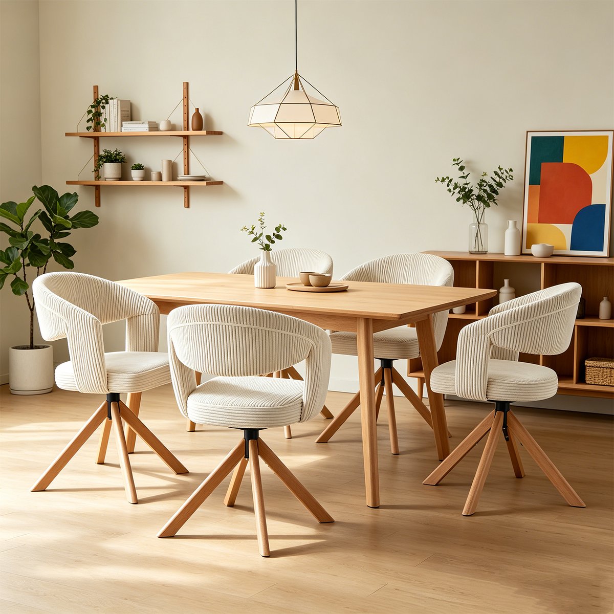 Lot de 4 fauteuils de salle à manger rotatif velours côtelé, CARMONDBCORD chêne beige, MEUBLES COSY