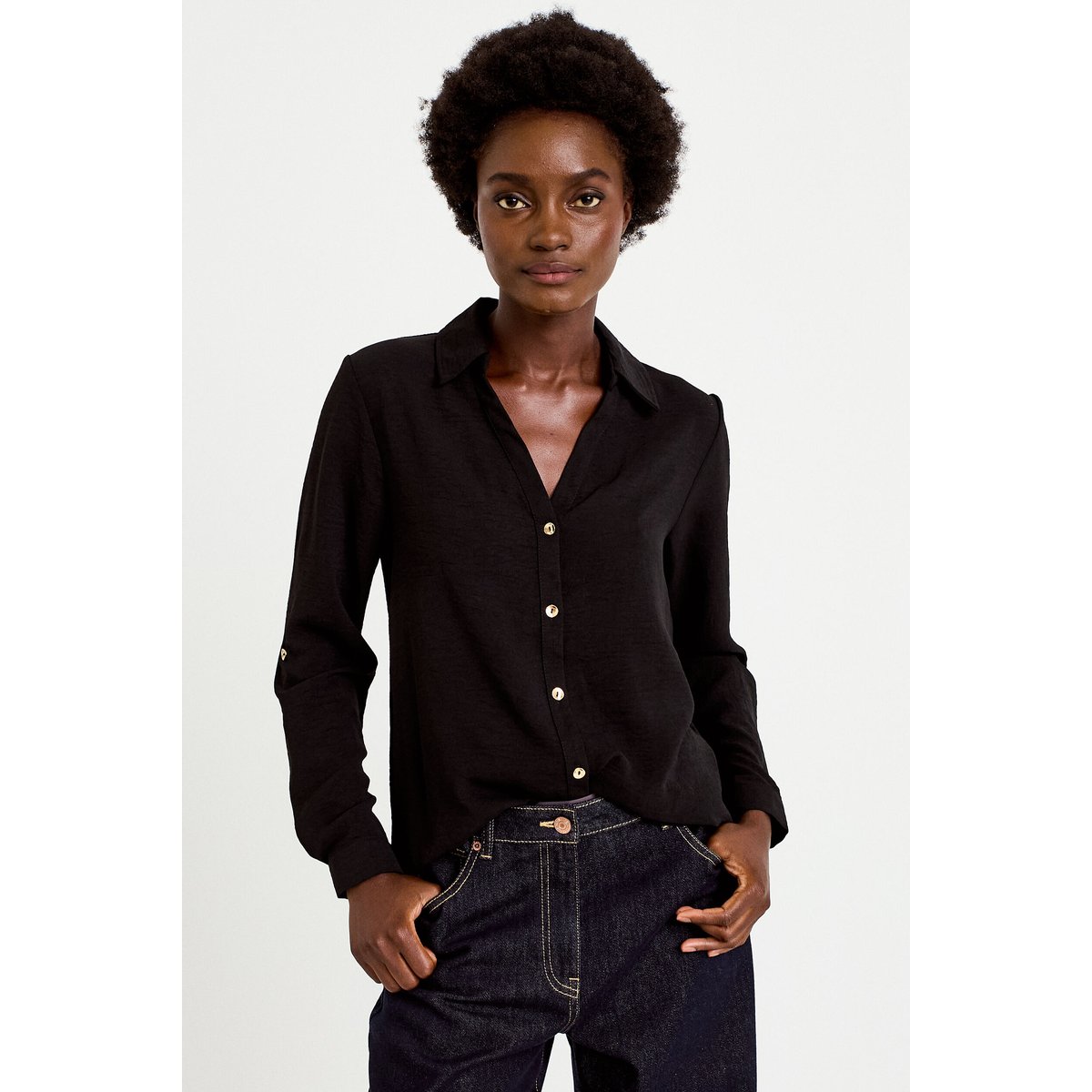 Chemise droite plissée manches longues noir, CACHE CACHE