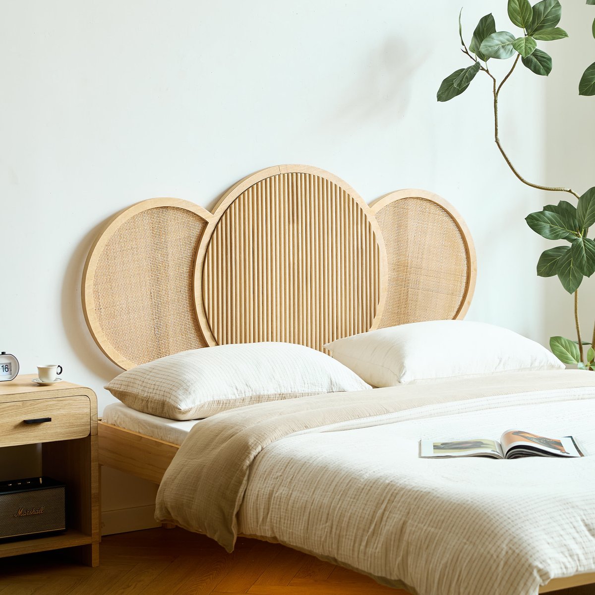 Tête de Lit, 160 cm, bois et rotin, BODO bois clair, NORDLYS