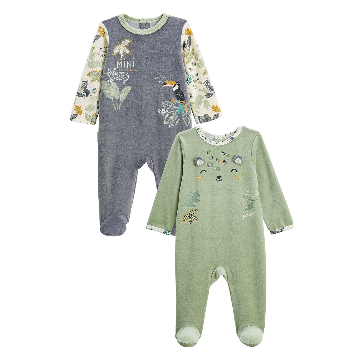 Lot de 2 pyjamas bébé en velours Boavista kaki, PETIT BEGUIN