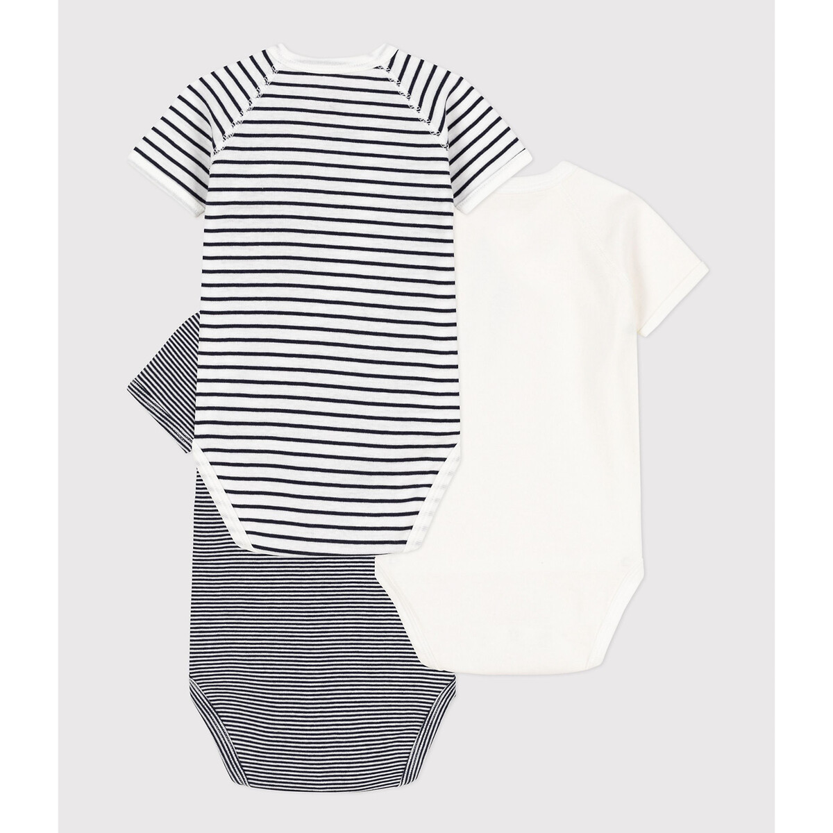 Set van 3 gekruiste rompertjes met korte mouwen wit+marine, PETIT BATEAU