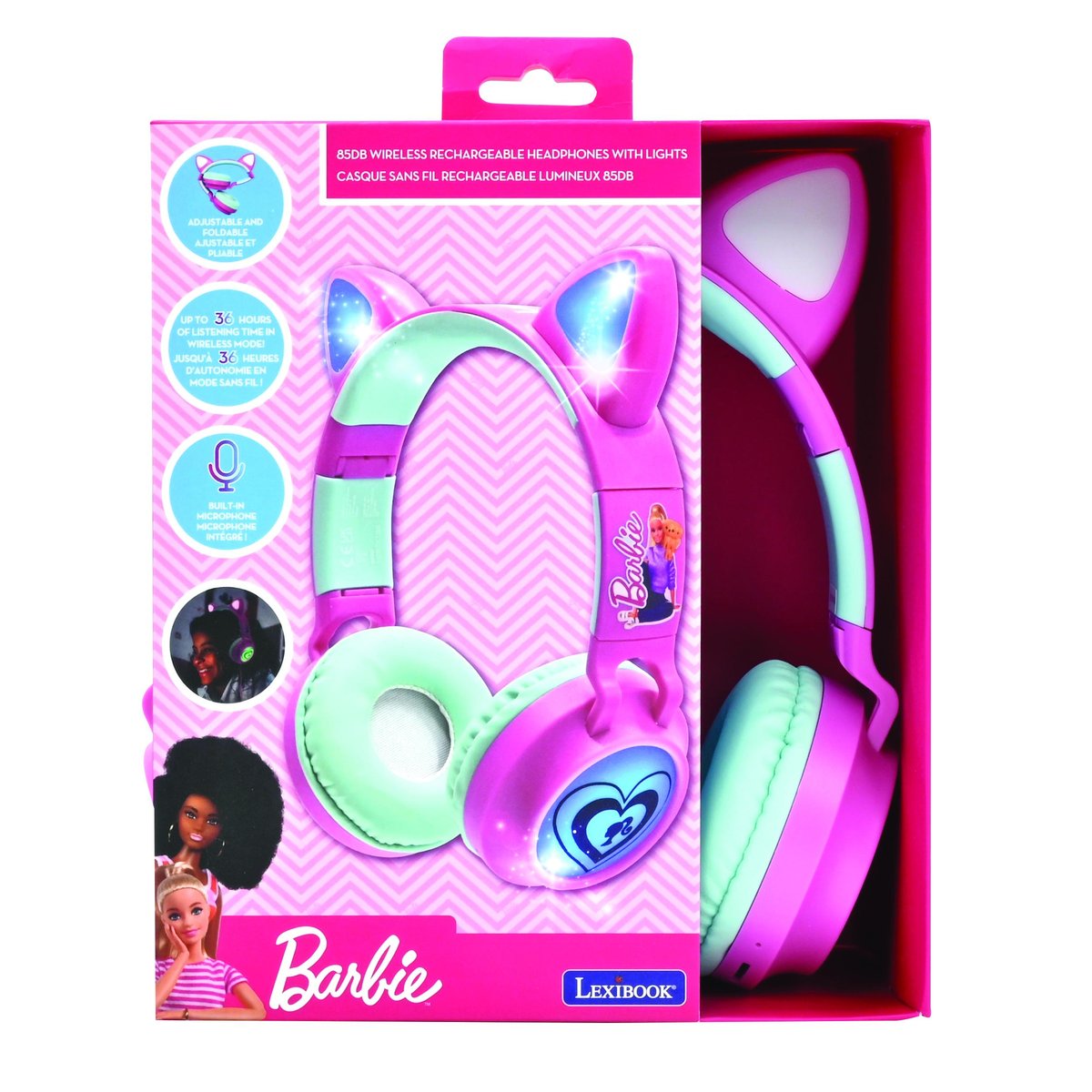 "Casque Barbie sans fil rechargeable lumineux avec oreilles de chat" rose, LEXIBOOK
