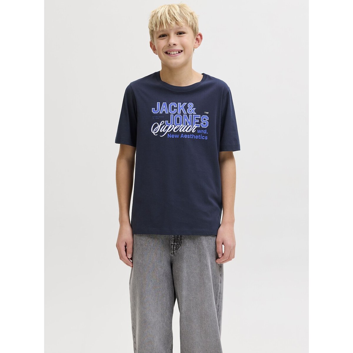 T-shirt maniche corte, fantasia davanti blu marino, JACK & JONES JUNIOR