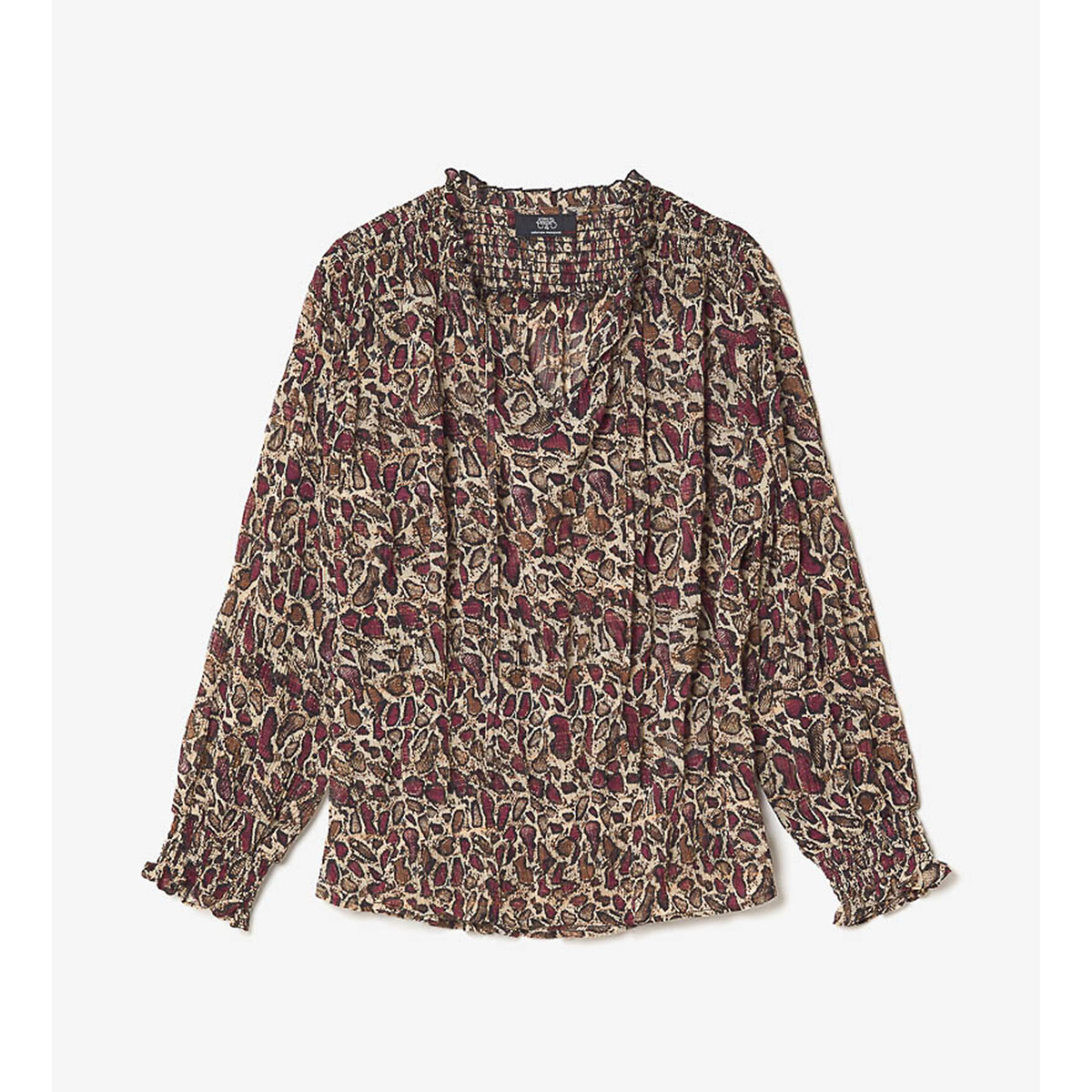 Blouse col montant, manches longues marron/rouge, LE TEMPS DES CERISES