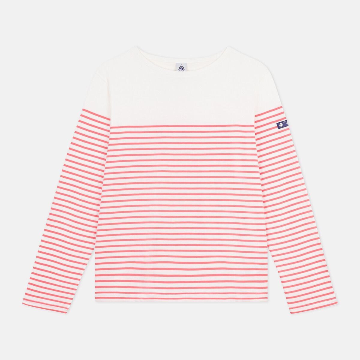T-shirt marinière en coton blanc/rose, PETIT BATEAU