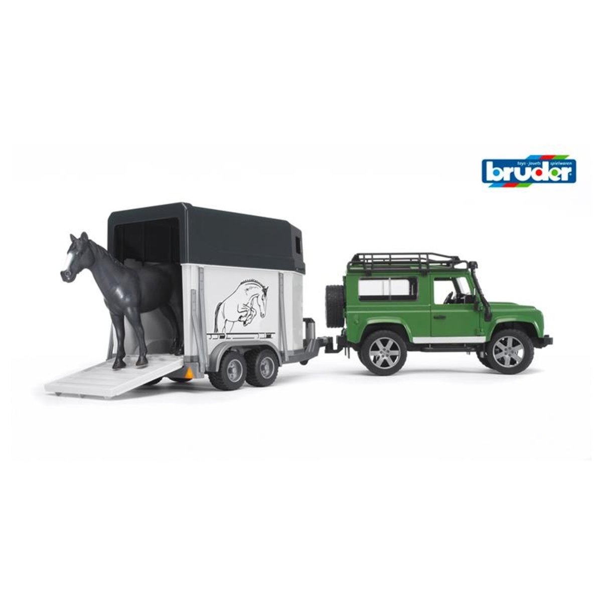 Land Rover Defender avec van pour chevaux et 1 cheva multicolore, BRUDER