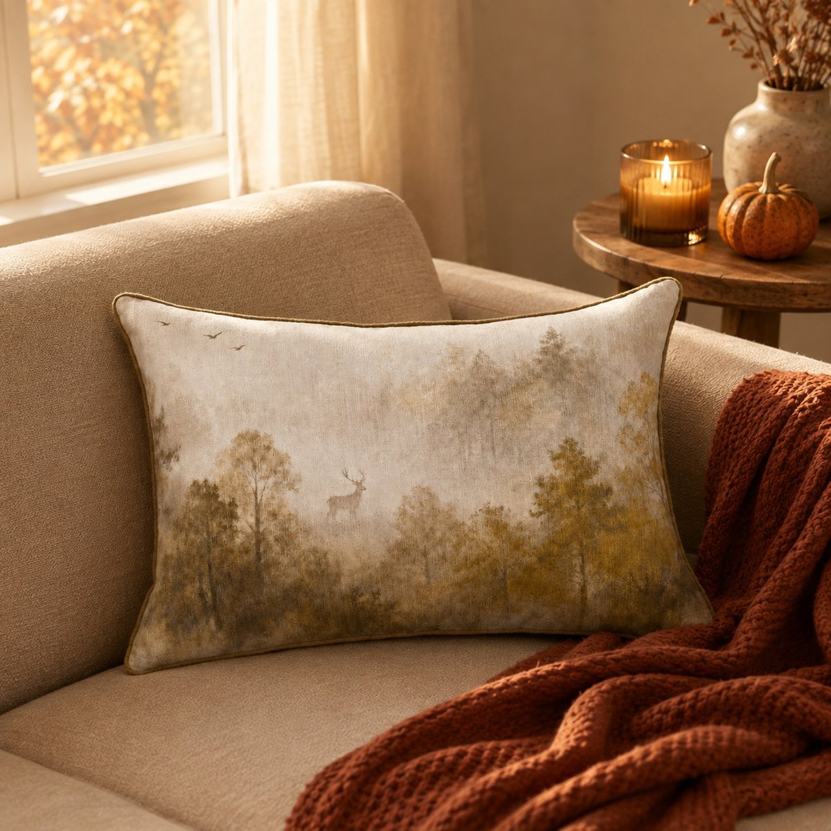 Coussin réversible motif aquarelle forêt - QABANE tabac, HOME MAISON