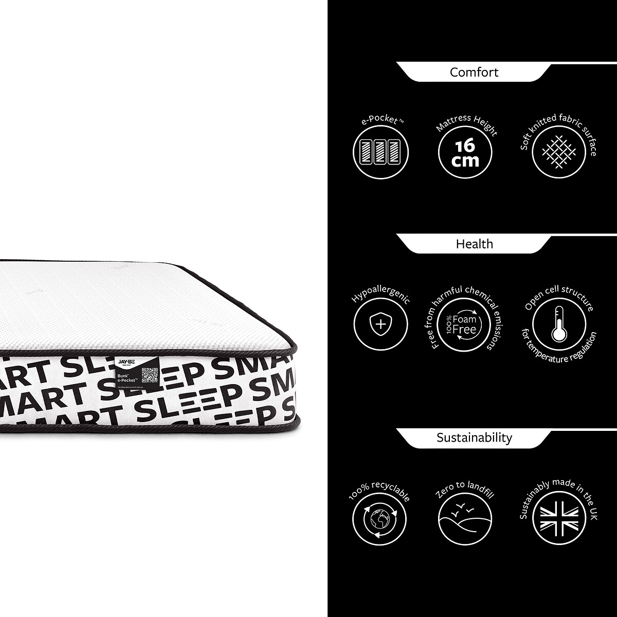 Jay-Be® Bunk e-Pocket™ Eco-Friendly Children’s Mattress black/white, JAY-BE